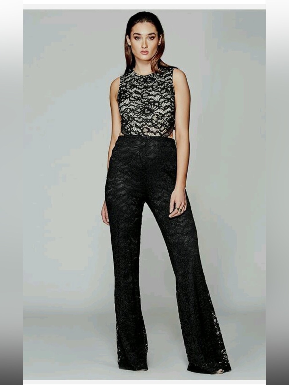 MARCIANO Black Floral Lace High Neck Jumpsuit Nude Lining Size 2⁠